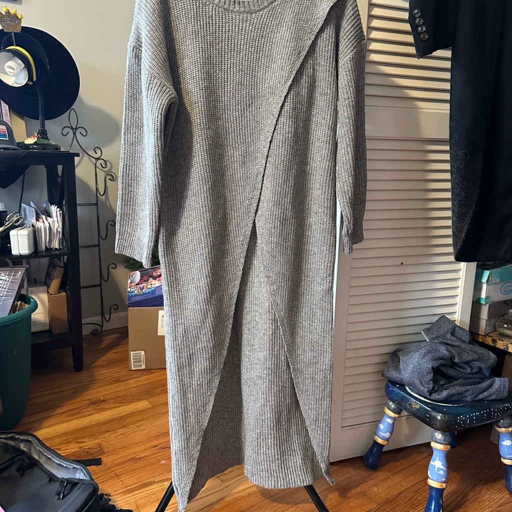 Gray Ribbed Knit Sweater Dress